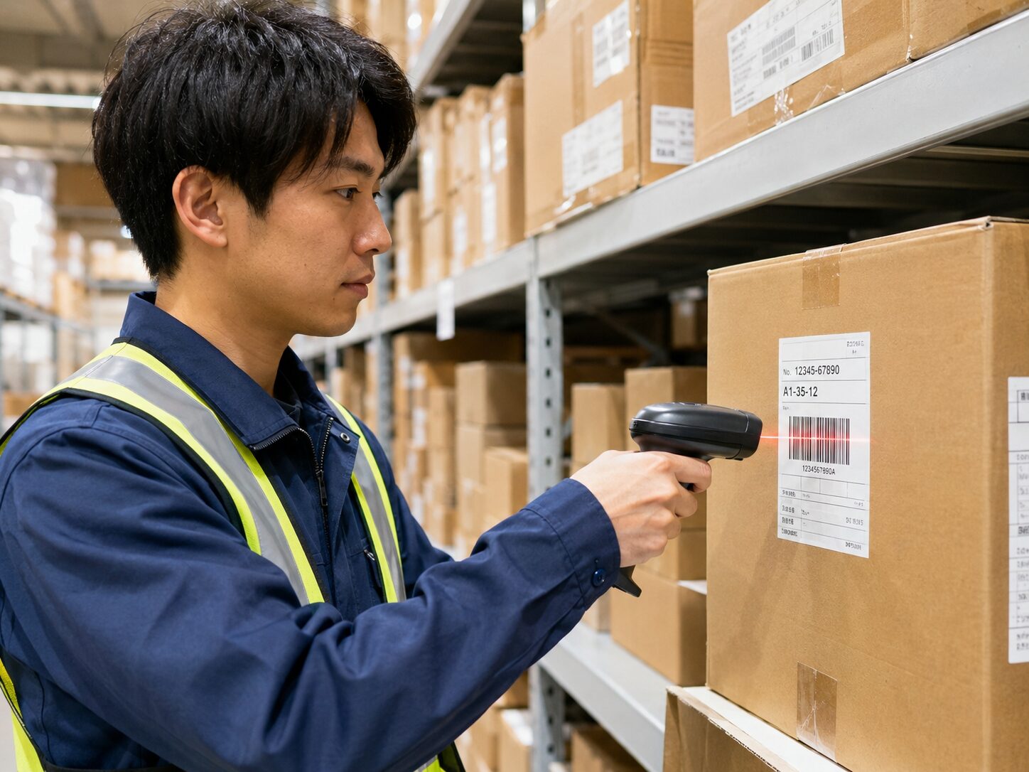 倉庫で作業員が荷物ラベルのバーコードをハンディリーダーで読み取っているイメージ。無料写真素材で、段ボール、棚、作業員、バーコードリーダーが自然に写った画像を使用する