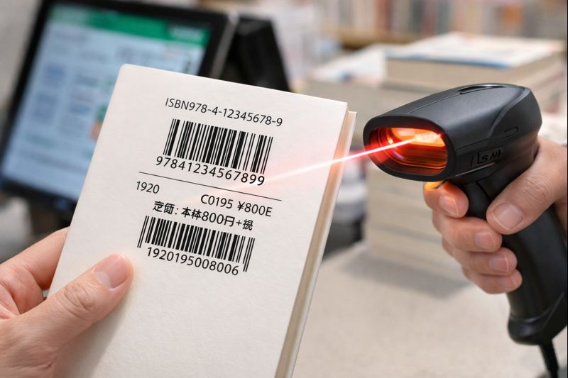 書店のレジで本のバーコードをスキャンしている無料イメージ画像