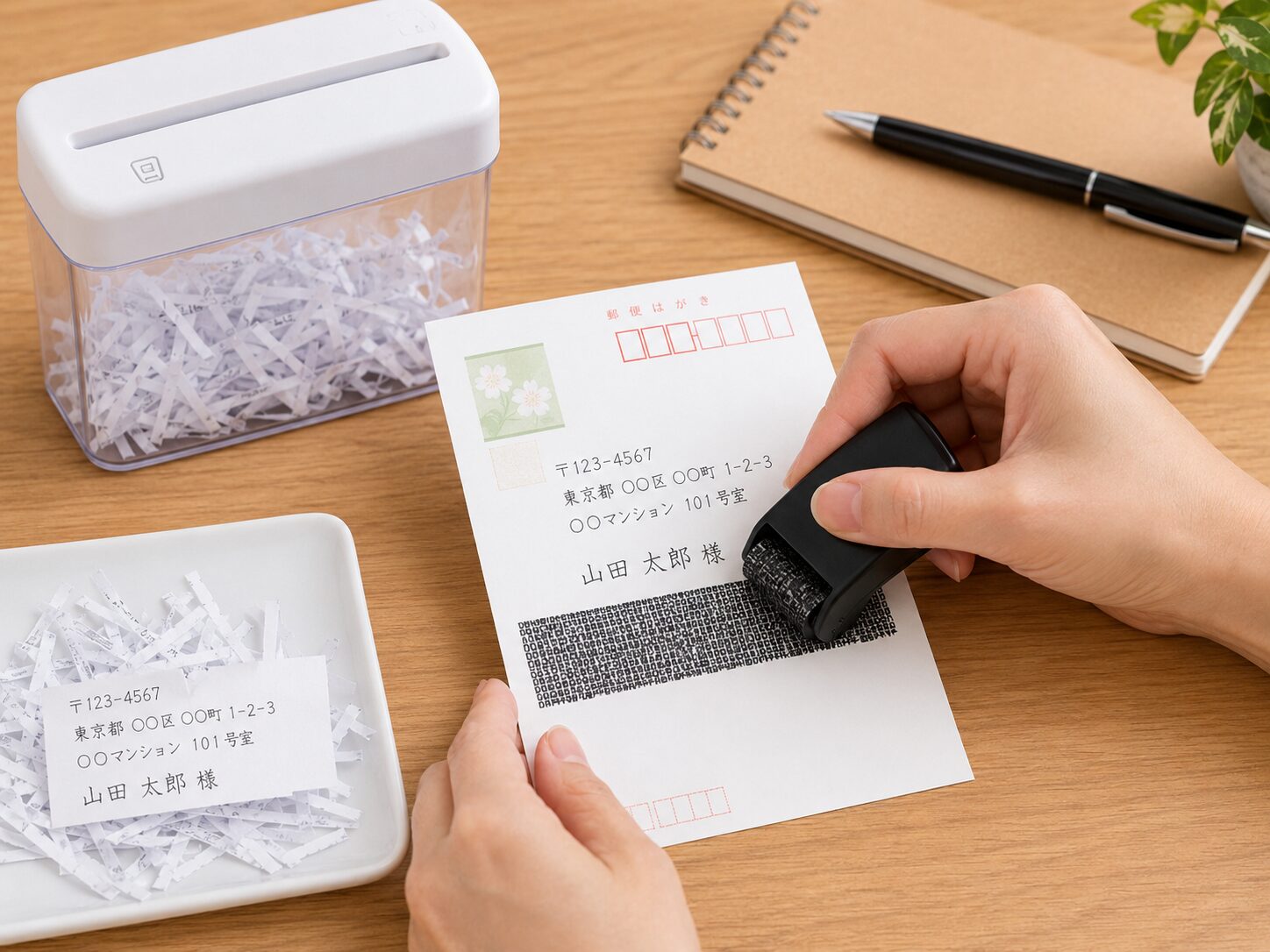 はがきの宛名部分をシュレッダーや個人情報保護スタンプで処分しているイメージ