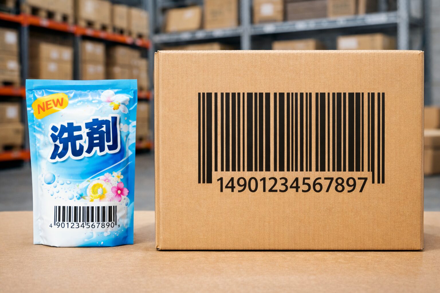 単品商品のバーコード付きパッケージと、外箱の段ボールに印字された大きな物流用バーコードを並べて比較した無料写真素材向けイメージをここに配置