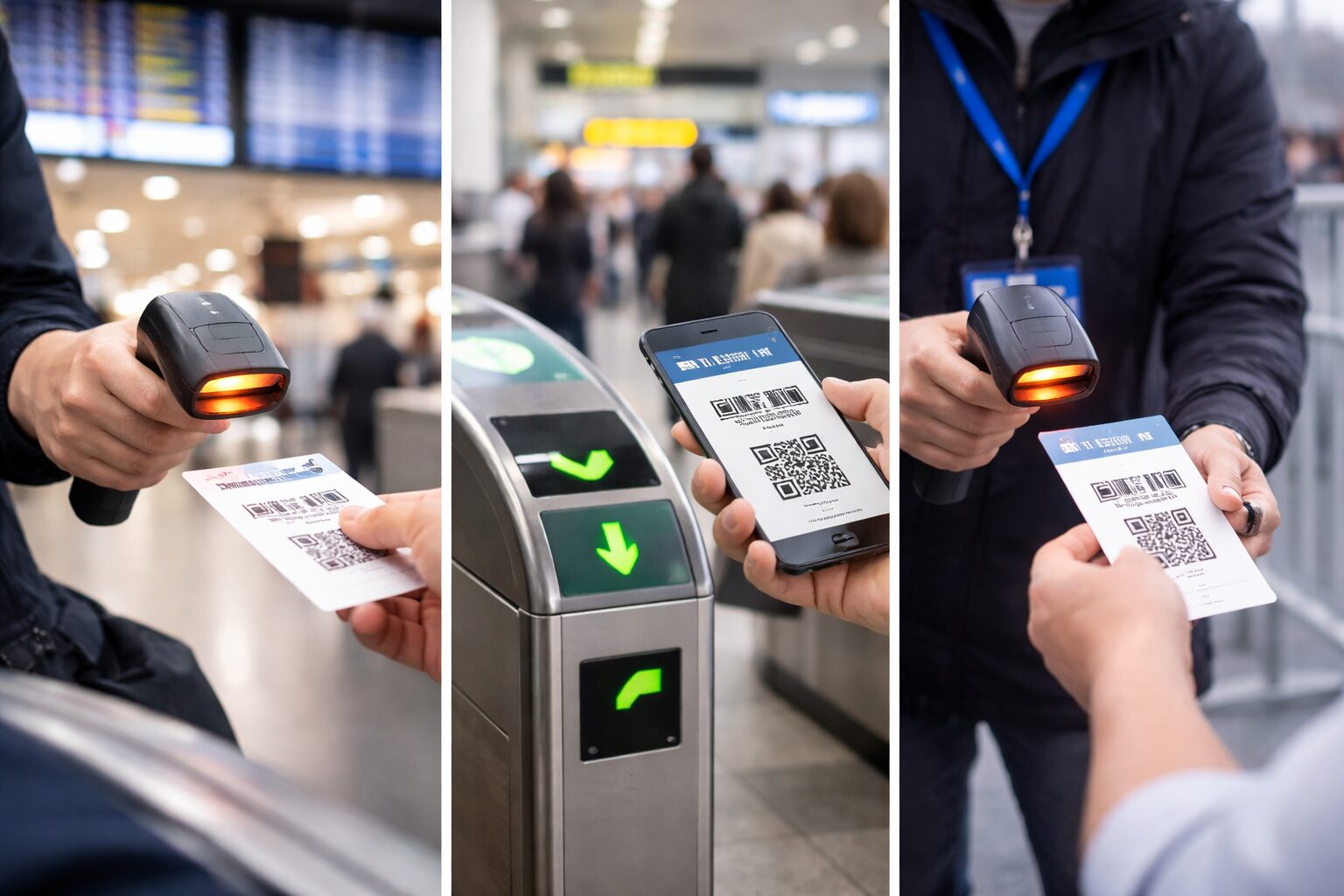 空港や駅やイベント会場のような場所でチケットのバーコードや二次元コードをスキャンして利用確認している無料画像を中央寄せで配置する