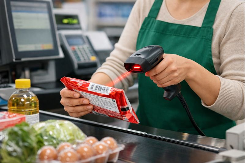 レジでバーコードリーダーを使って商品を読み取っている様子の写真（無料素材向け）