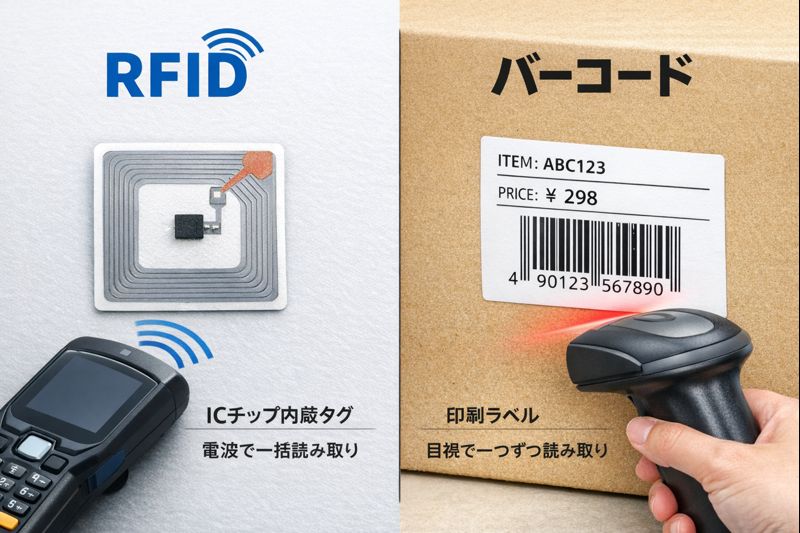 RFIDとバーコードを並べて比較しているイメージ（タグとバーコードラベルの対比）