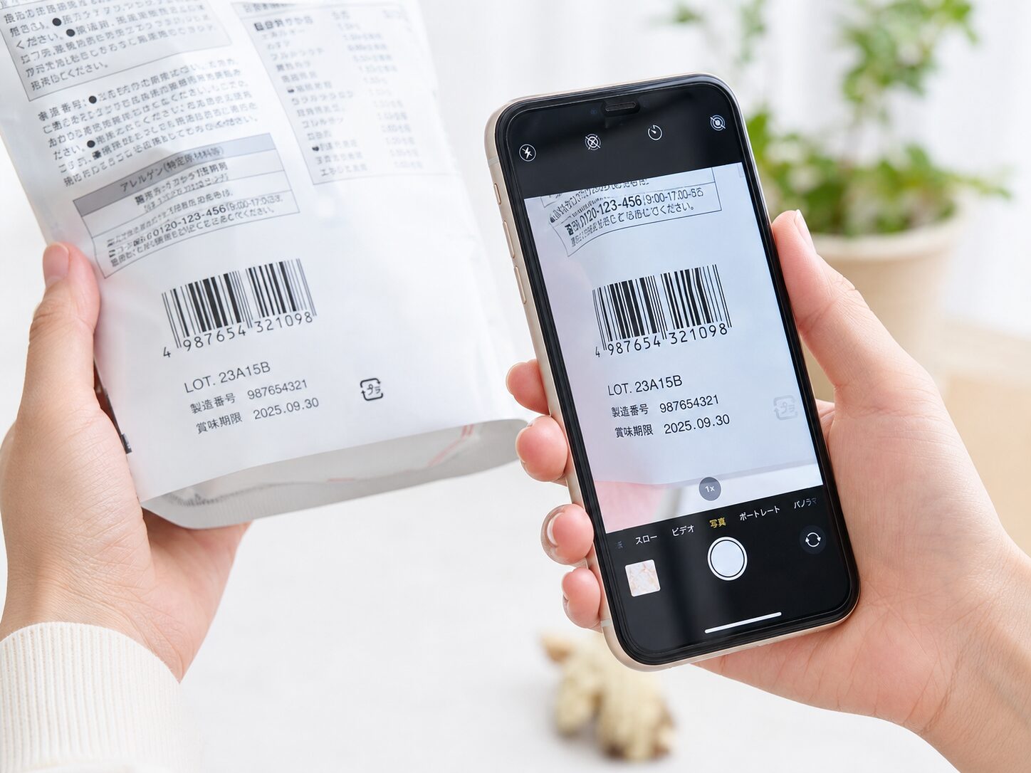 バーコードの近くにあるLOT番号や製造番号をスマートフォンで撮影しているイメージ