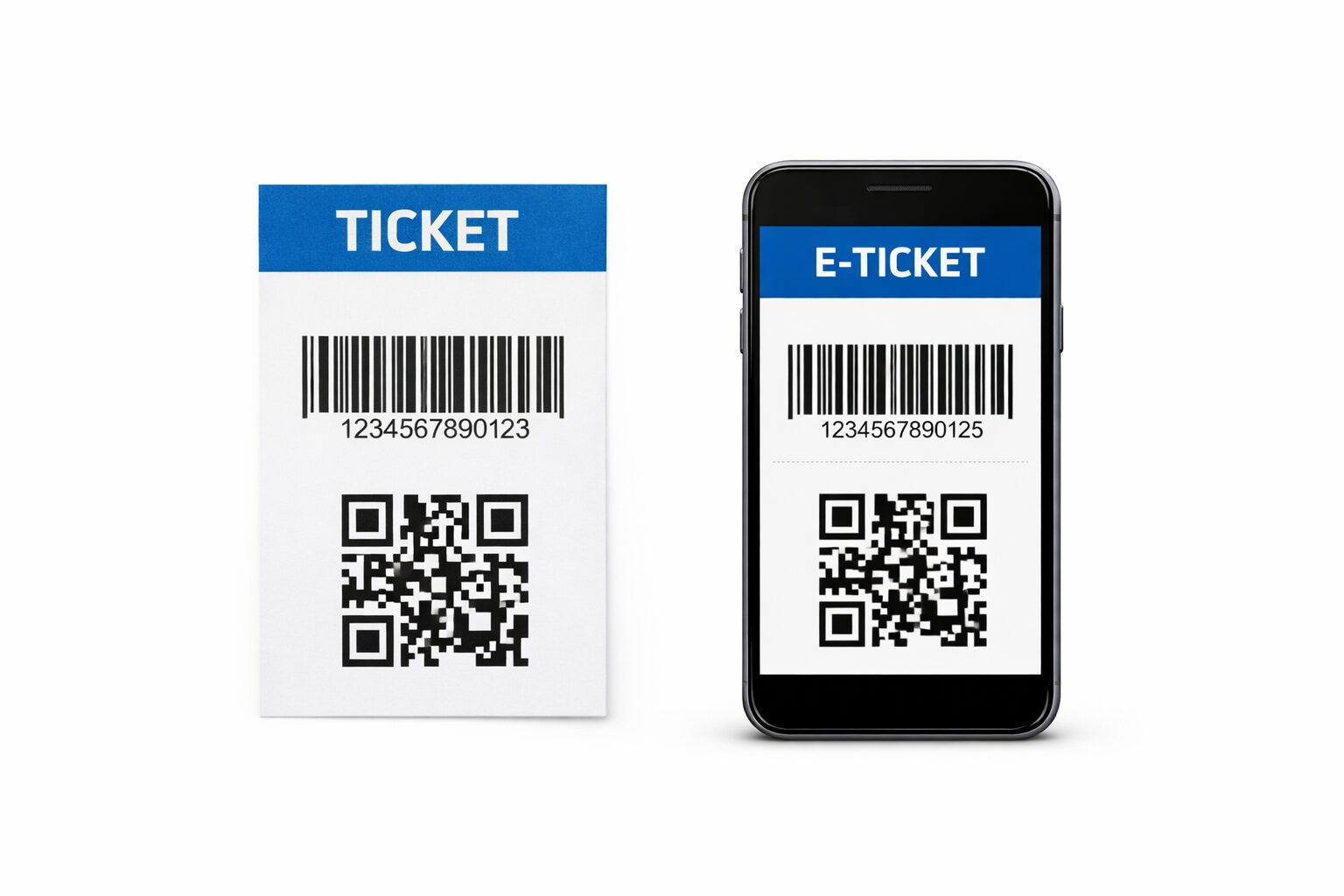 紙チケットとスマートフォンの電子チケットに表示されたバーコードや二次元コードを並べて比較している無料画像を中央寄せで配置する