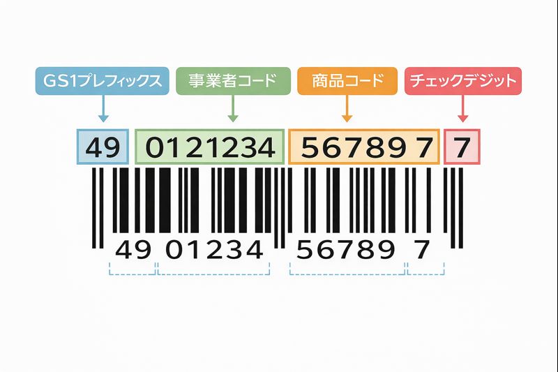 JANコードの構成要素（GS1プレフィックス・事業者コード・商品コード・チェックデジット）を示した図解（無料素材）