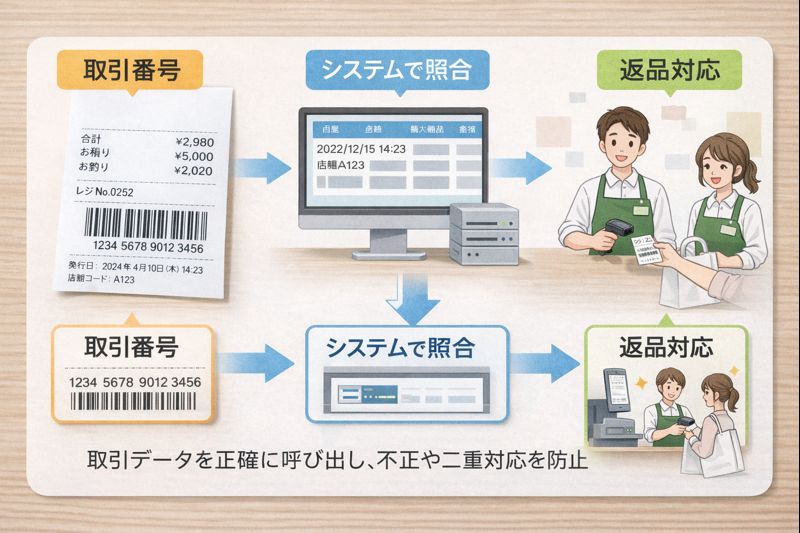 レシートのバーコードの役割をまとめたイメージ（無料素材でOK：取引番号→システム照合→返品対応の流れ図）