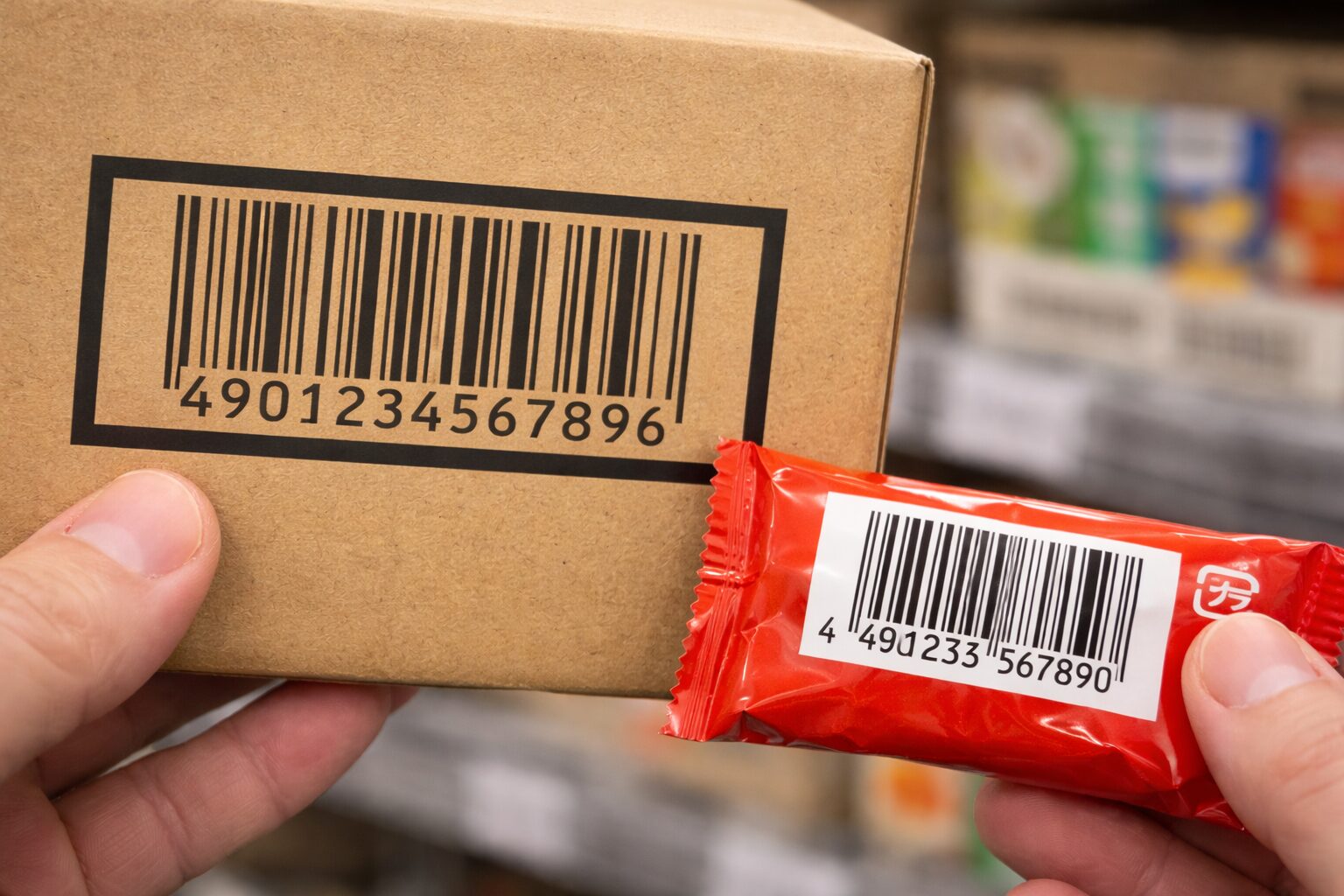 段ボール箱に印字された14桁バーコードと店頭商品の13桁バーコードを見比べている写真を配置。無料素材サイトで物流用ケースと商品パッケージが一緒に写る写真を使用。