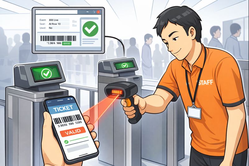 チケットのバーコードをスキャンして入場管理しているイメージ