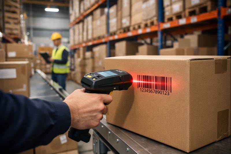 倉庫内で段ボールに印字されたバーコードをスキャンしている様子のイメージ画像（無料素材）