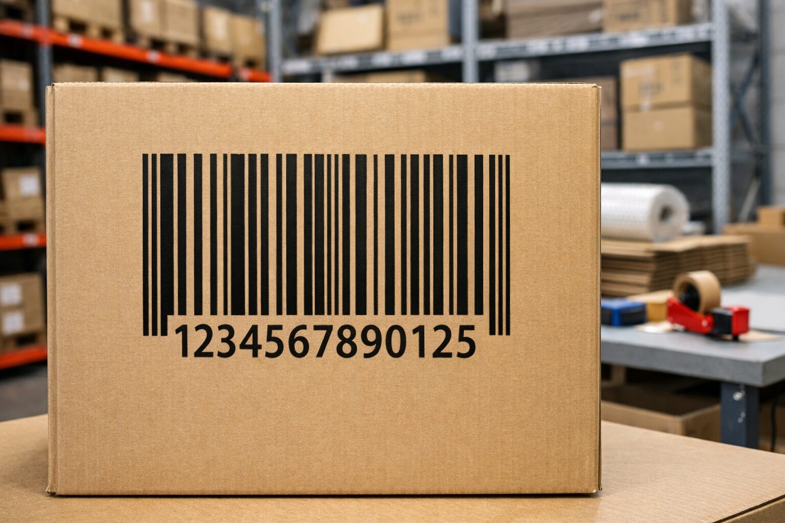 段ボール箱の表面に印字された大きめのバーコードと数字、倉庫の棚や梱包作業台が写っている比較用イメージ写真をここに配置