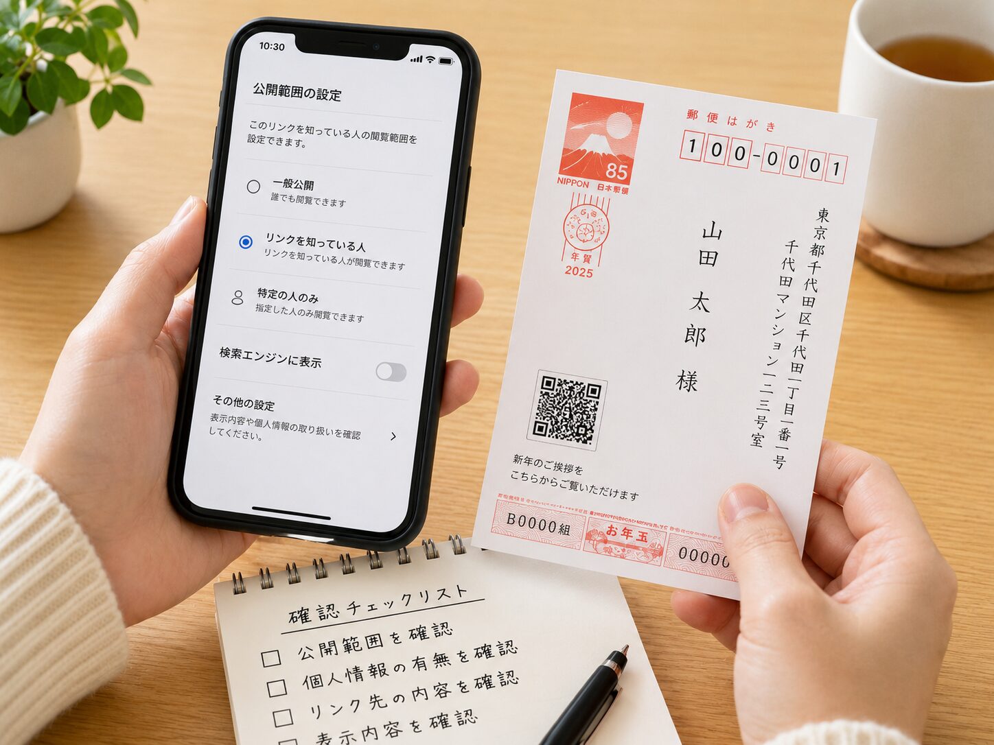 年賀状のQRコードをスマートフォンで読み取る前にリンク先の公開設定を確認しているイメージ。無料素材で、スマホ、はがき、チェックリストが写った画像を使用する