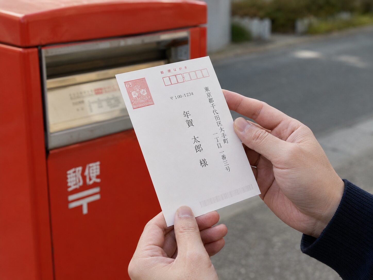 年賀状の宛名面と薄いバーコードを確認している手元のイメージ。無料写真素材で、はがき、郵便ポスト、宛名面が写った自然な画像を使用する