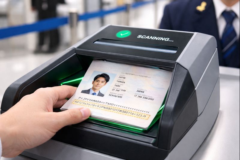 空港の入国審査でパスポートをスキャンしている様子のイメージ画像（無料素材）