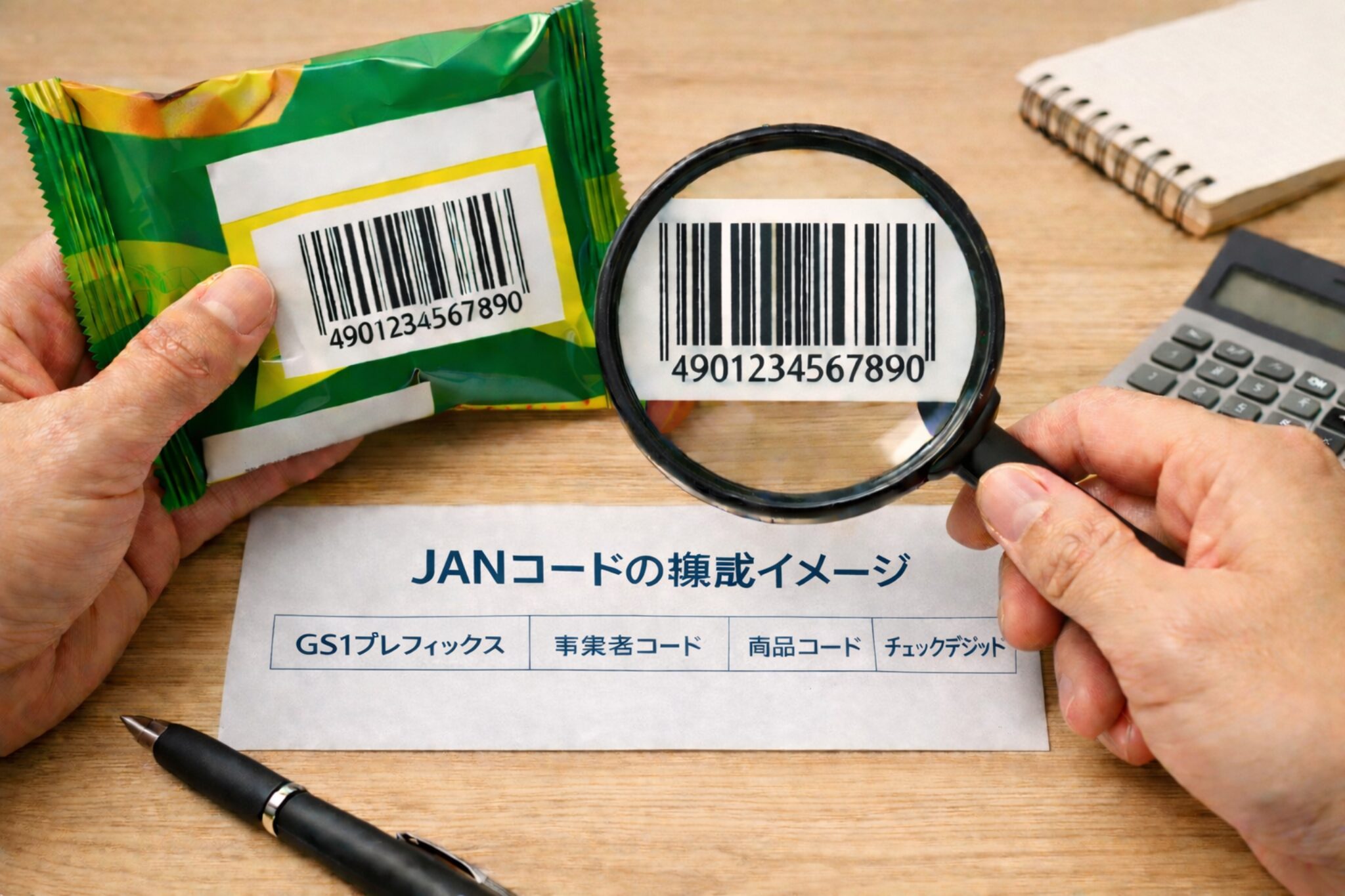 JANコードやバーコードの仕組みをイメージできる、商品パッケージと数字の並びを確認している無料画像素材を中央寄せで配置する
