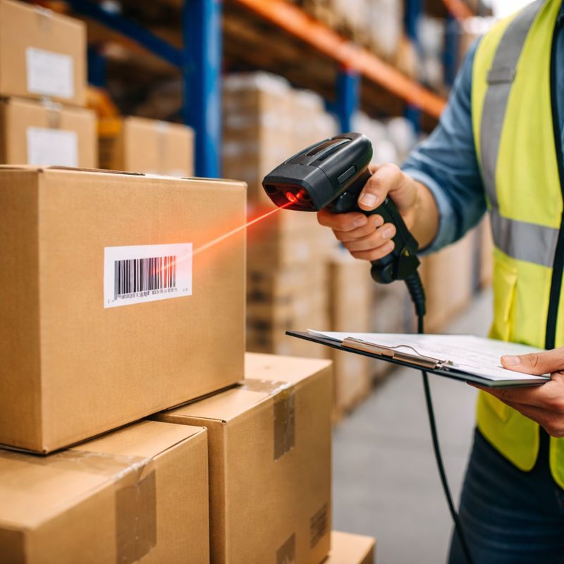 倉庫でレーザー式バーコードリーダーを使って箱の商品を読み取っている様子のイメージ画像