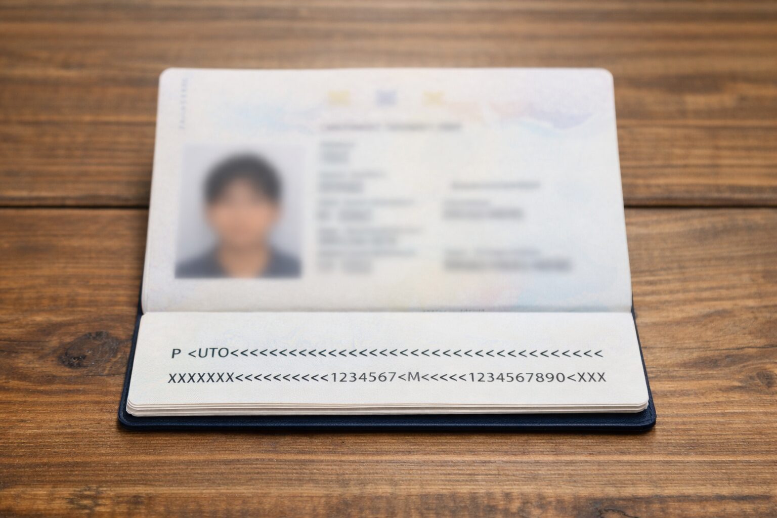 机の上に開いたパスポートを置き、顔写真ページ下部の英字と数字が並ぶ機械読取領域が見える写真。無料写真サイトで入手できそうな、個人情報が読めないようにぼかしたイメージ画像を中央寄せで配置