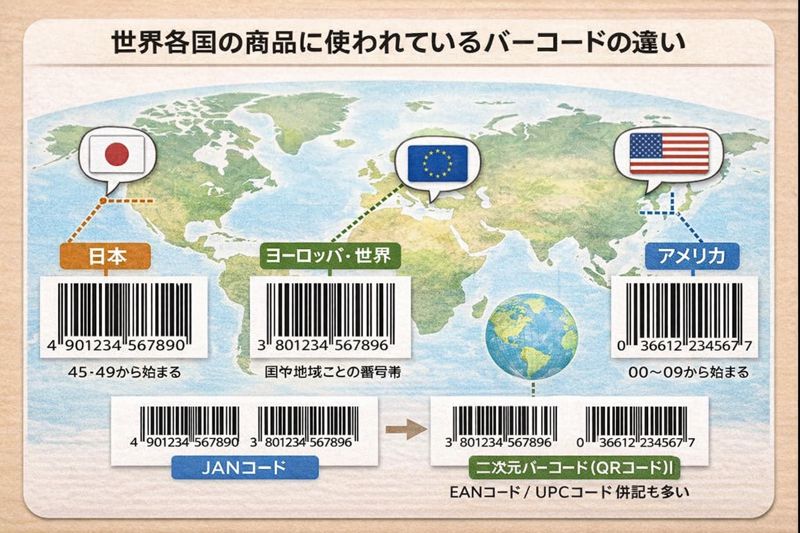 世界各国の商品に使われているバーコードの違いを示すイメージ（無料素材）