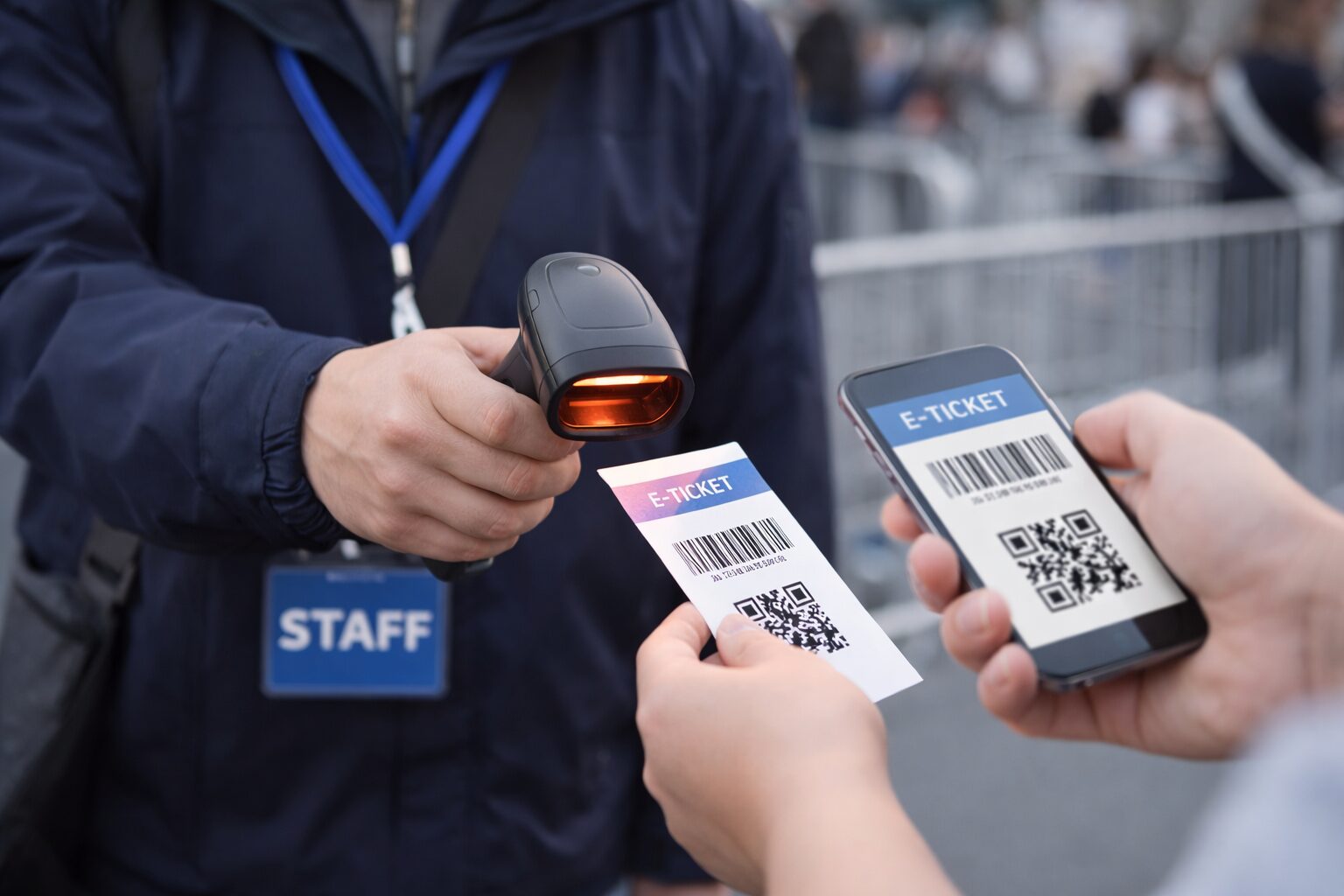 イベント会場の入場口でスタッフがチケットのバーコードや二次元コードをスキャンしている無料画像を中央寄せで配置する