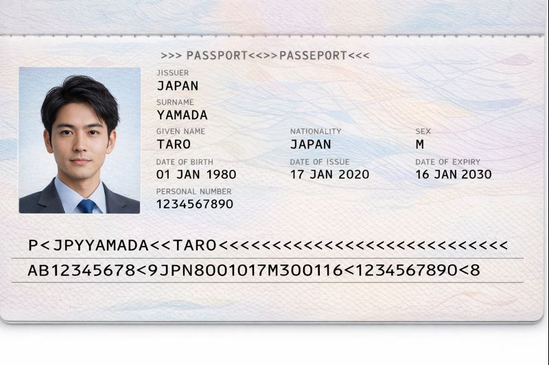 パスポートの顔写真ページ下部にある機械読取領域（MRZ）のイメージ画像（無料素材）