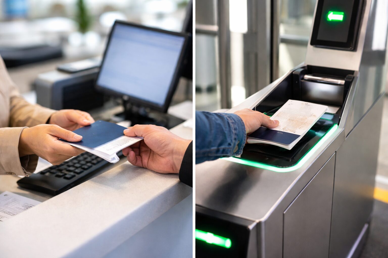 空港のチェックインカウンターや自動化ゲートでパスポートを提示している様子の無料写真素材向けイメージ。顔や旅券番号は見えず、本人確認と読み取りの場面が伝わる写真を中央寄せで配置