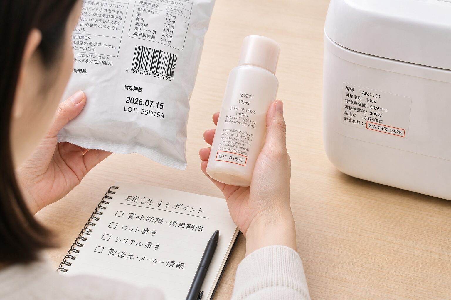 食品や化粧品や家電の製造年月日を確認するために期限表示、ロット番号、シリアル番号をチェックしているイメージ