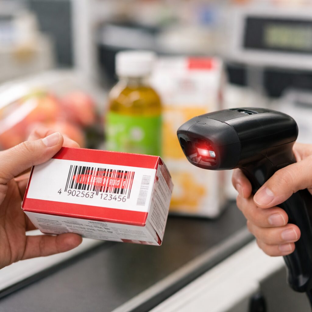 レジでバーコードをスキャンしている様子（無料素材サイトで取得）