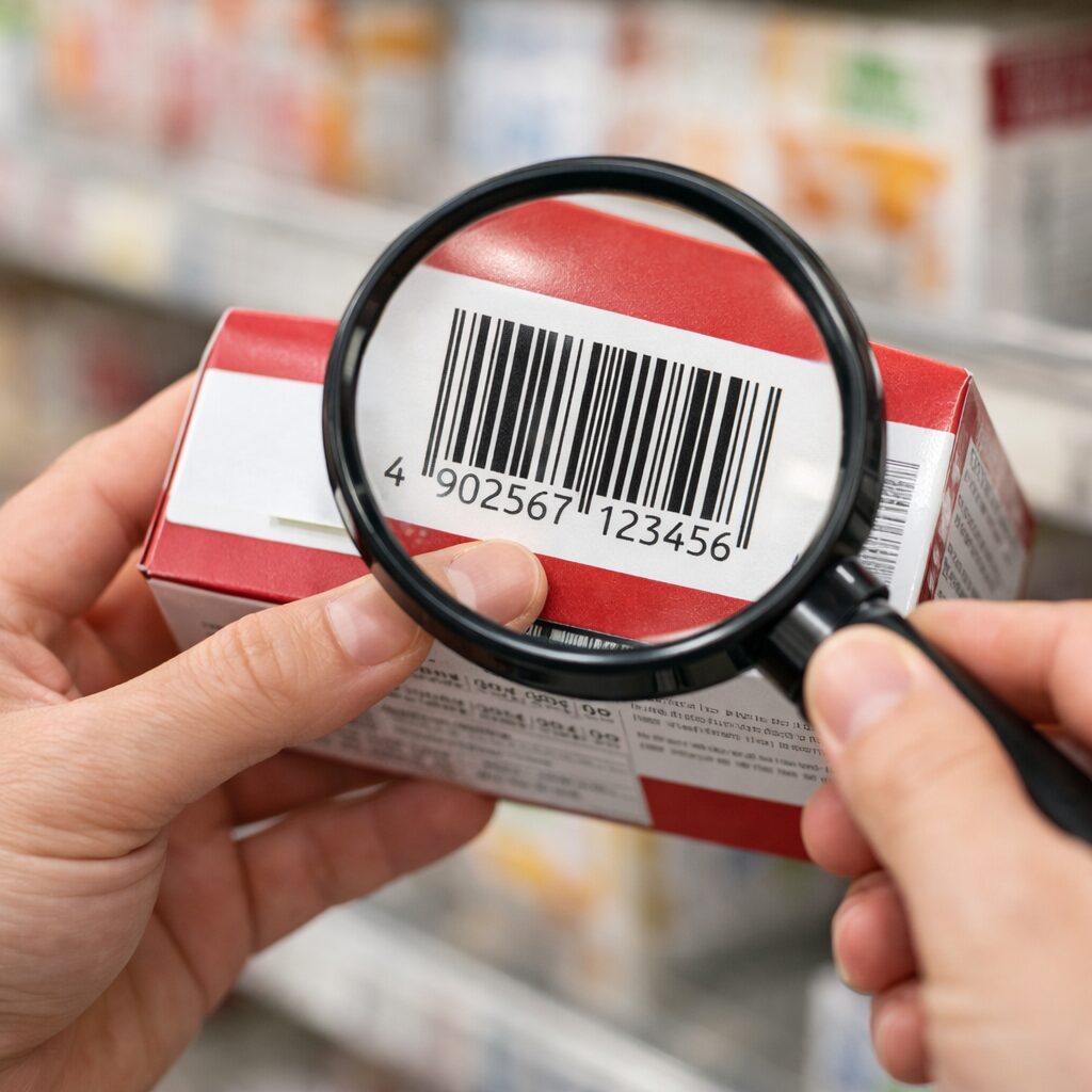 商品パッケージに印刷されたJANコードとバーコードを確認しているイメージ（無料素材サイトで取得）