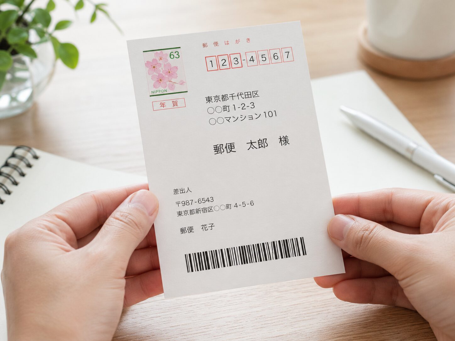 宛名面にバーコードが印字されたはがきを確認しているイメージ
