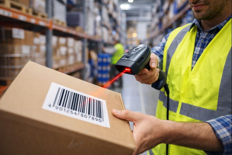 倉庫で作業員がバーコードリーダーを使って商品管理している様子の写真（無料素材向け）