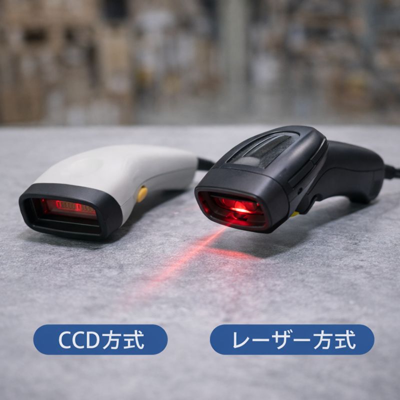 CCD方式とレーザー方式のバーコードリーダーを並べて比較しているイメージ画像