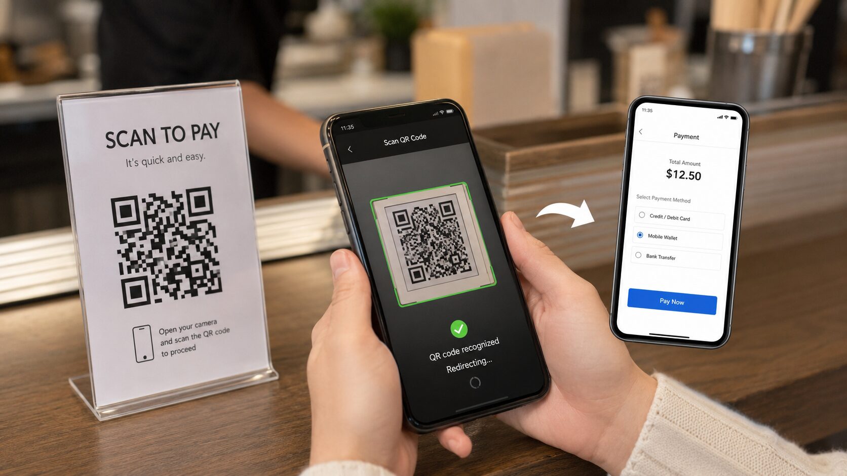 スマートフォンでQRコードを読み取りWebサイトや決済画面に進んでいる写真。2次元コードの利用シーンを示すイメージ