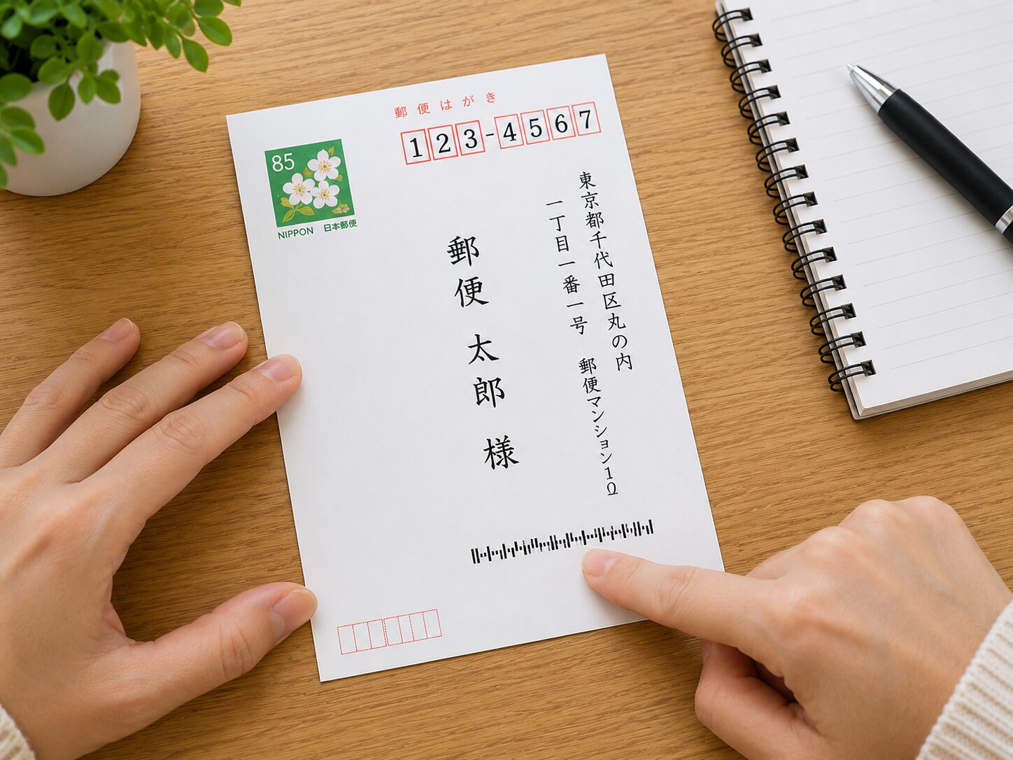 はがきの宛名面にあるバーコードの位置を確認しているイメージ