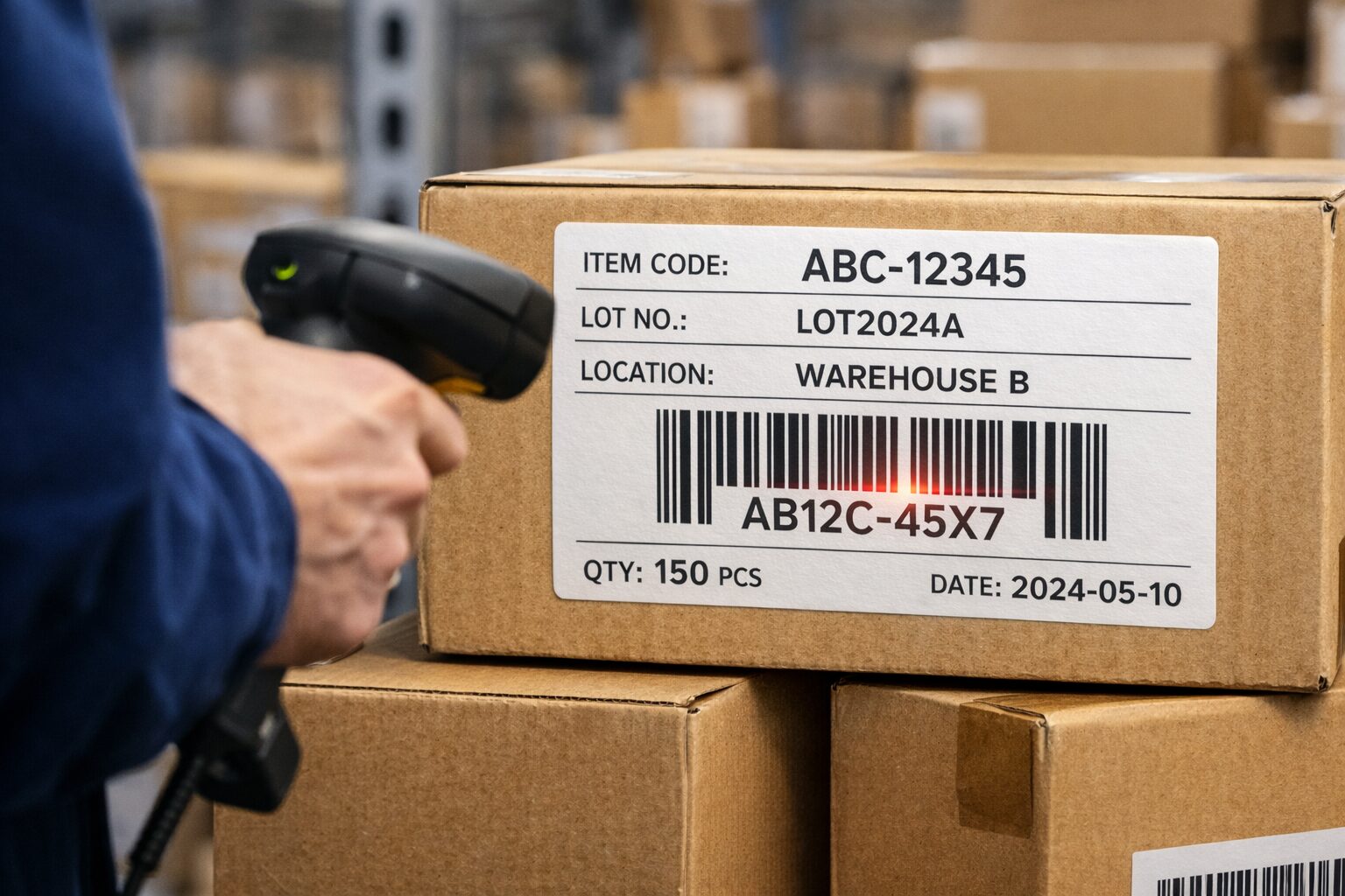 倉庫内で英数字バーコードを読み取っている作業風景のイメージ。無料素材向け画像。