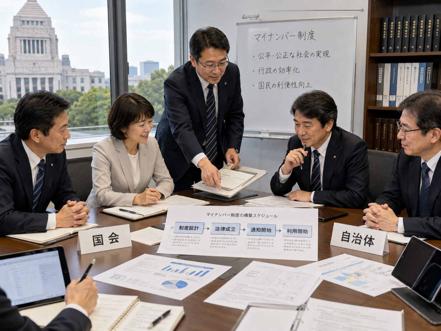 国会や省庁、自治体がマイナンバー制度づくりに関わる様子をイメージした写真