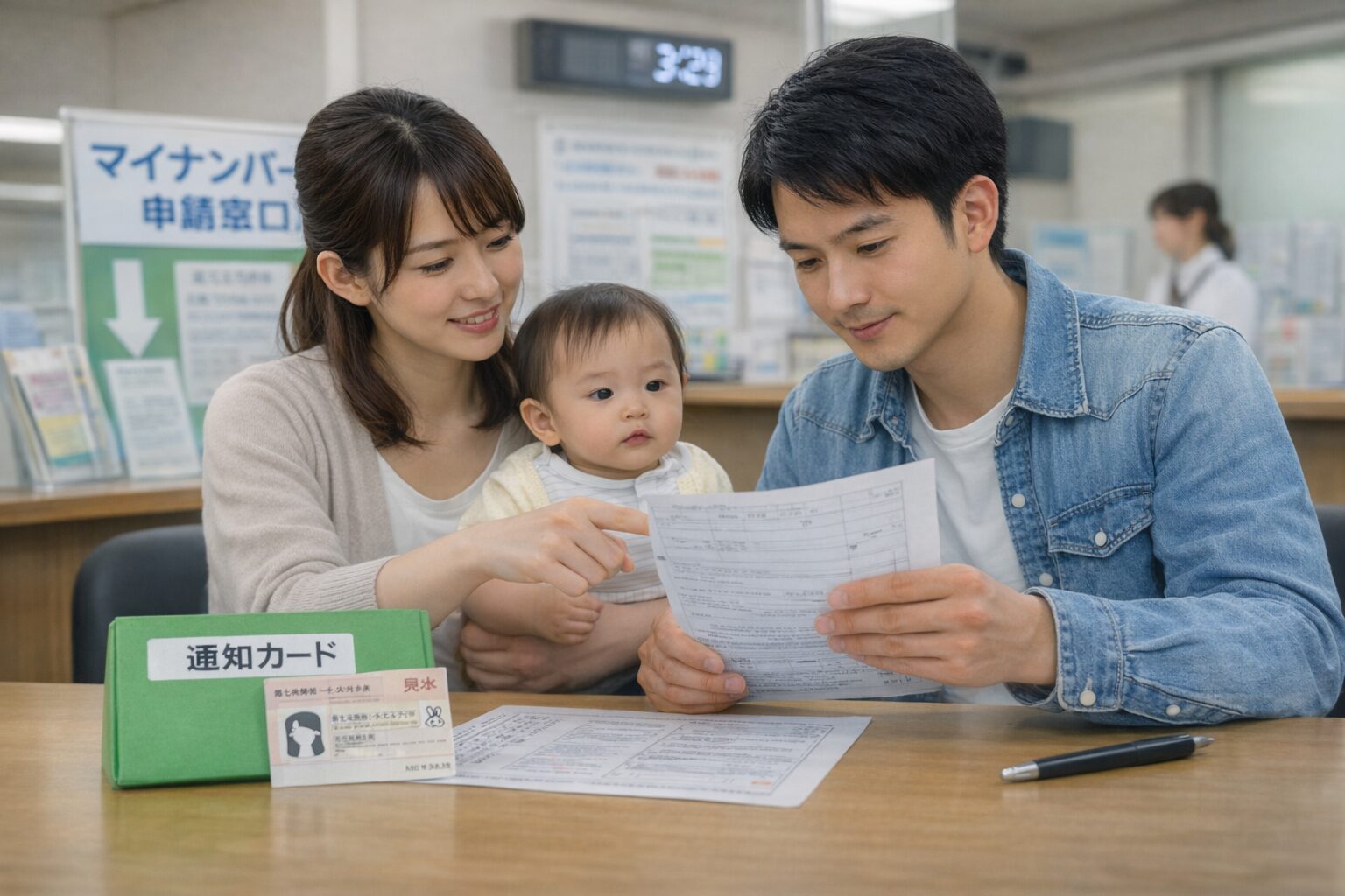 親子（赤ちゃんと保護者）が役所で書類を見ながら手続きしているイメージ写真。マイナンバーの通知や申請を連想できる無料素材が望ましい。