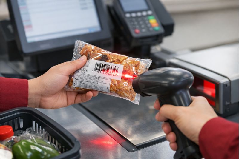 レジでバーコードをスキャンしている様子の写真（無料素材向け）