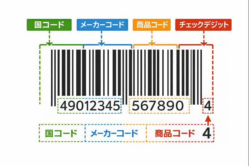 バーコードの数字構成とチェックデジット位置を示したイメージ（無料素材向け）