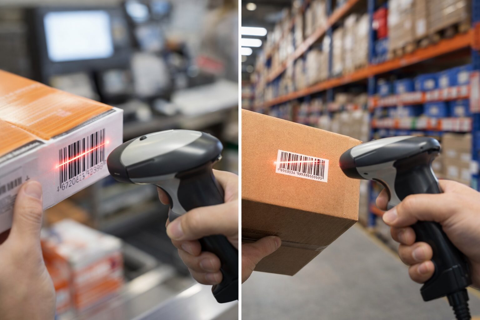レジや倉庫でバーコードを読み取っている様子の写真（バーコードリーダーで商品や箱をスキャンしているイメージ）