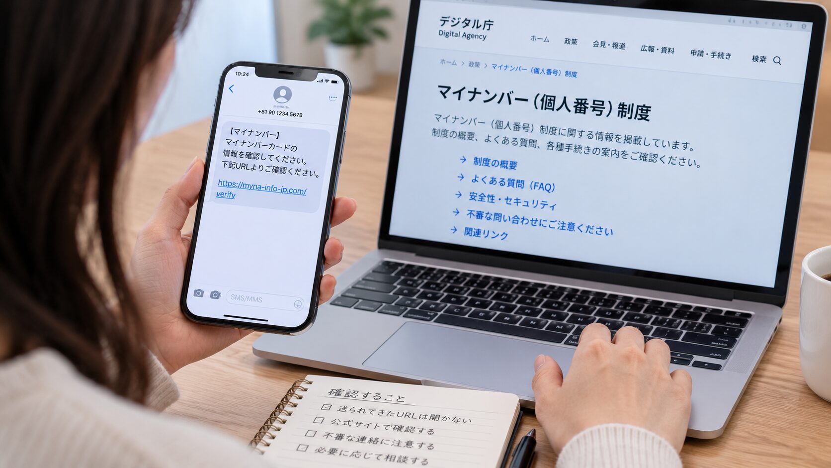 マイナンバーの確認を求める不審なSMSを受信し公式窓口を調べている人物の写真