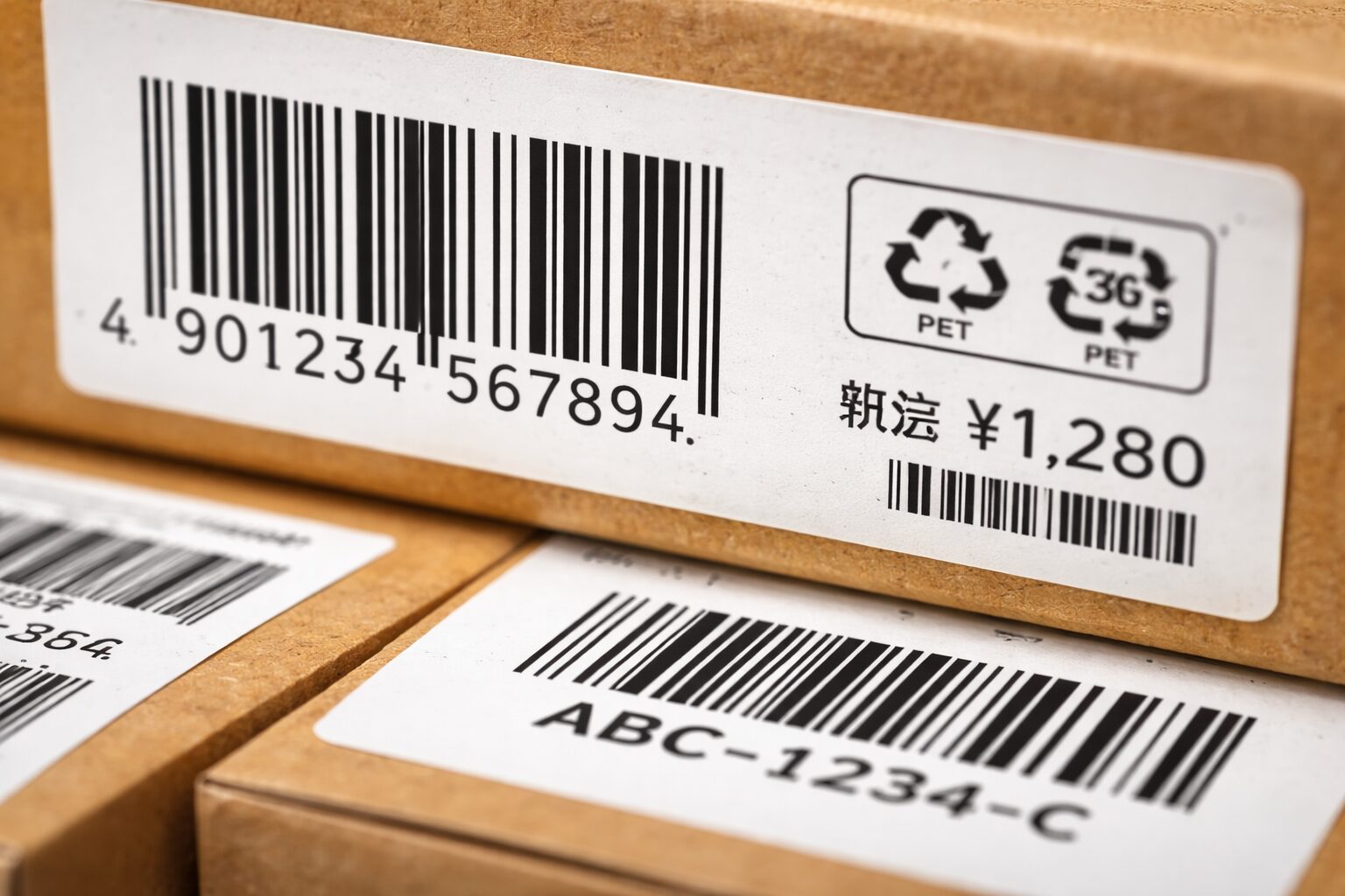 商品ラベルに印字されたバーコードを接写した写真（JANやCode39が写っているイメージ）