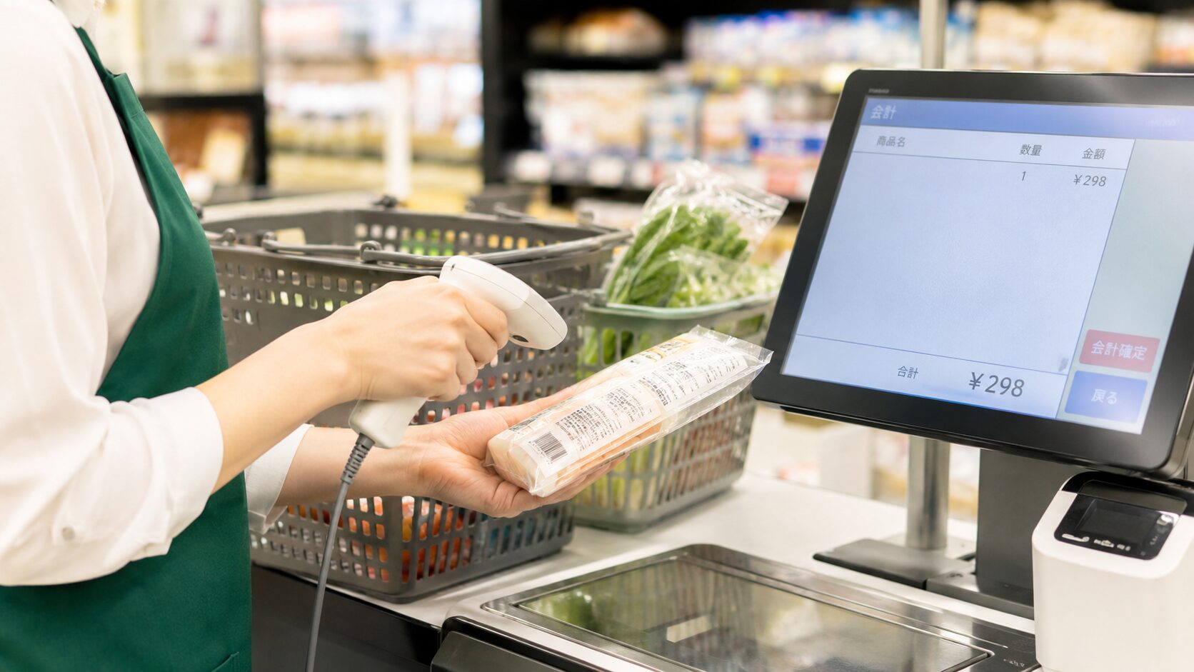 スーパーのレジで商品バーコードを読み取り、会計と在庫管理がつながる様子を表すイメージ。無料写真素材で、レジ、商品、バーコードリーダー、買い物かごが自然に写った画像を使用する