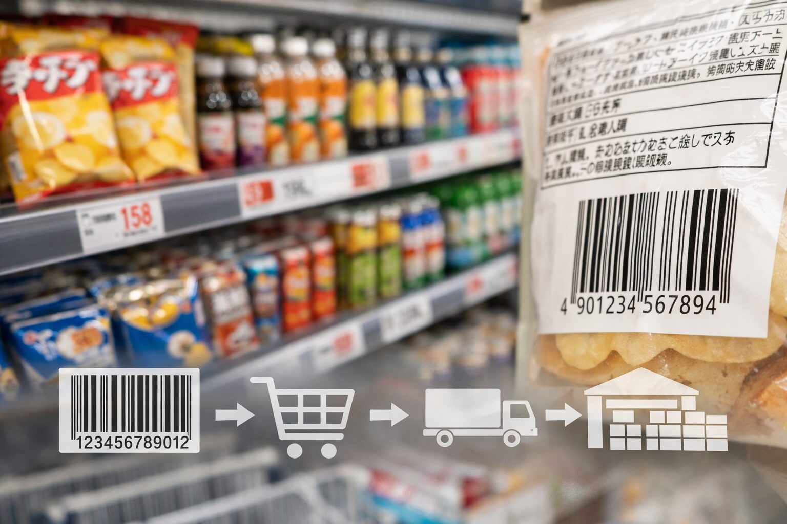 スーパーや店舗の商品棚に並ぶ商品とバーコードをイメージできる写真。流通とバーコードの関係を説明する記事向け画像