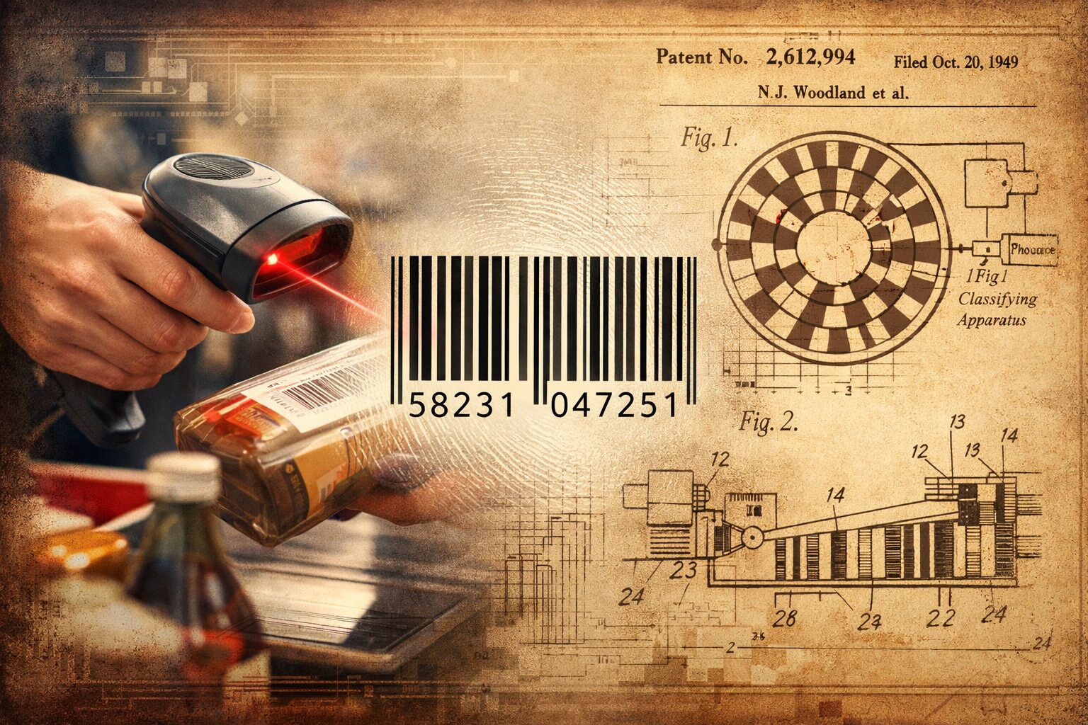 バーコードの発明史を連想させるアイキャッチ画像（レジで商品をスキャンしている手元、バーコードのアップ、古い特許図面風など無料素材向け）