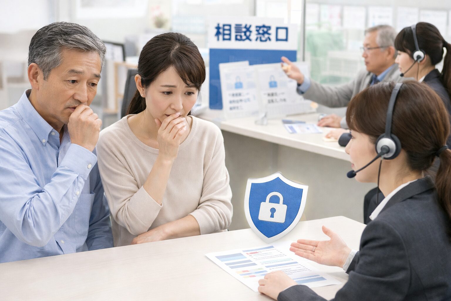 個人情報の不安や制度の相談をイメージした相談窓口の写真素材（無料素材向け）