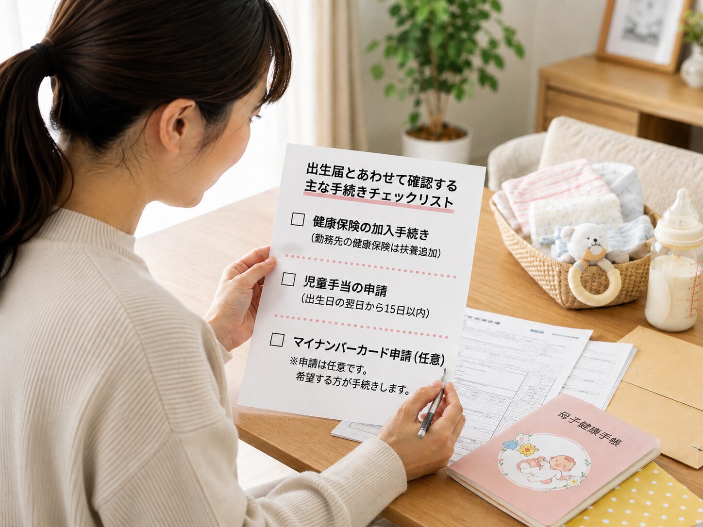 出生届後の健康保険と児童手当とマイナンバーカード申請をチェックリストで確認している保護者の写真