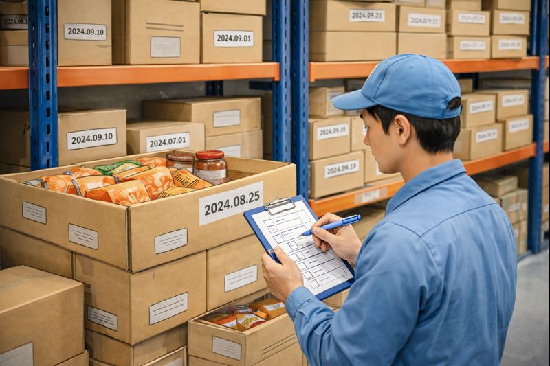 倉庫で食品の賞味期限を管理している作業風景の写真(無料素材向け)