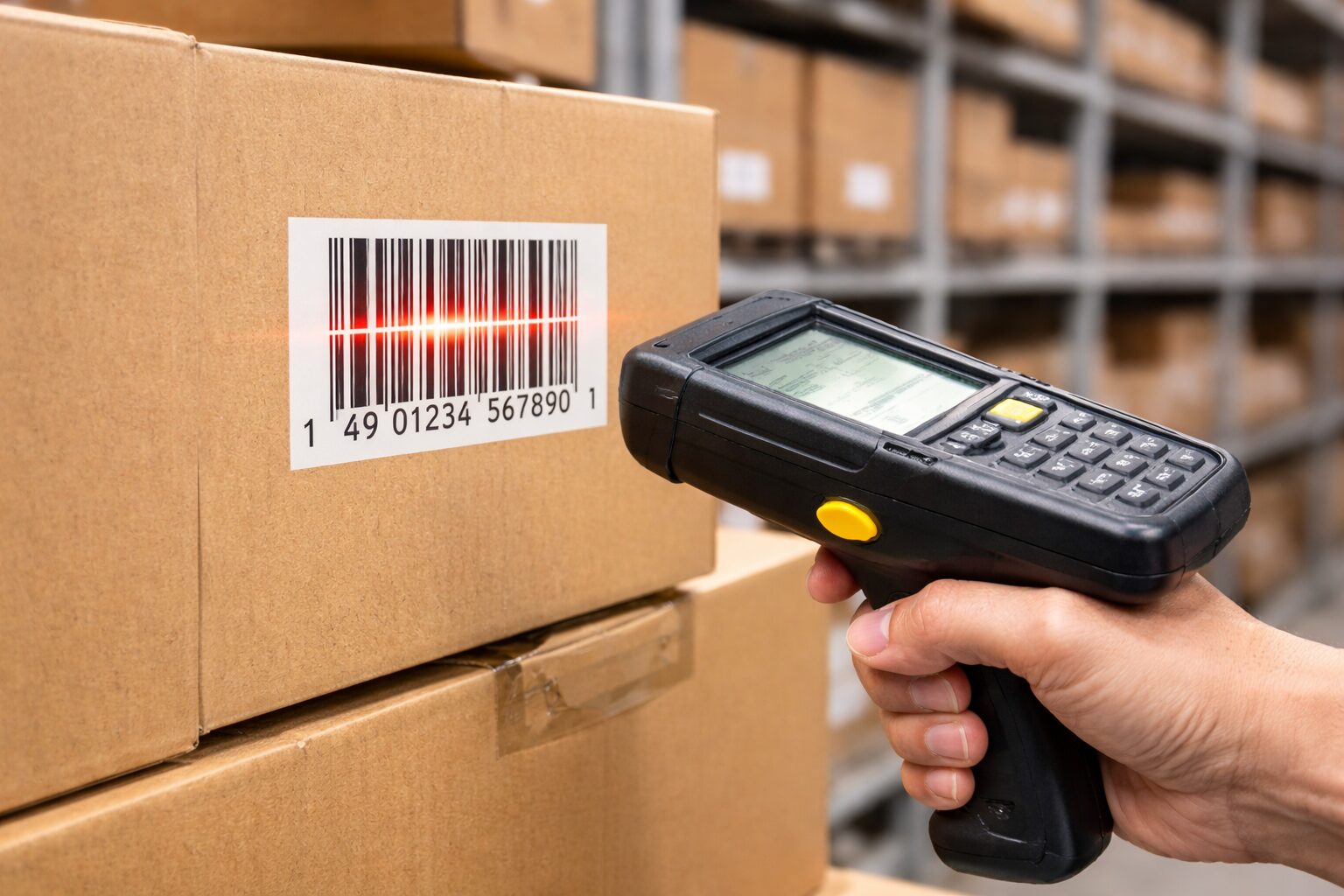 倉庫やバックヤードでハンディ端末を使ってバーコードをスキャンして在庫管理している様子(無料素材向け)