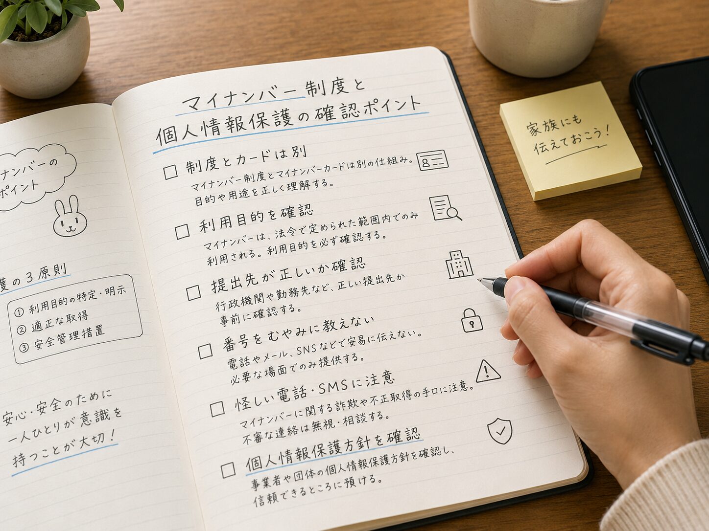 マイナンバー制度と個人情報保護の確認ポイントをノートに整理しているイメージ