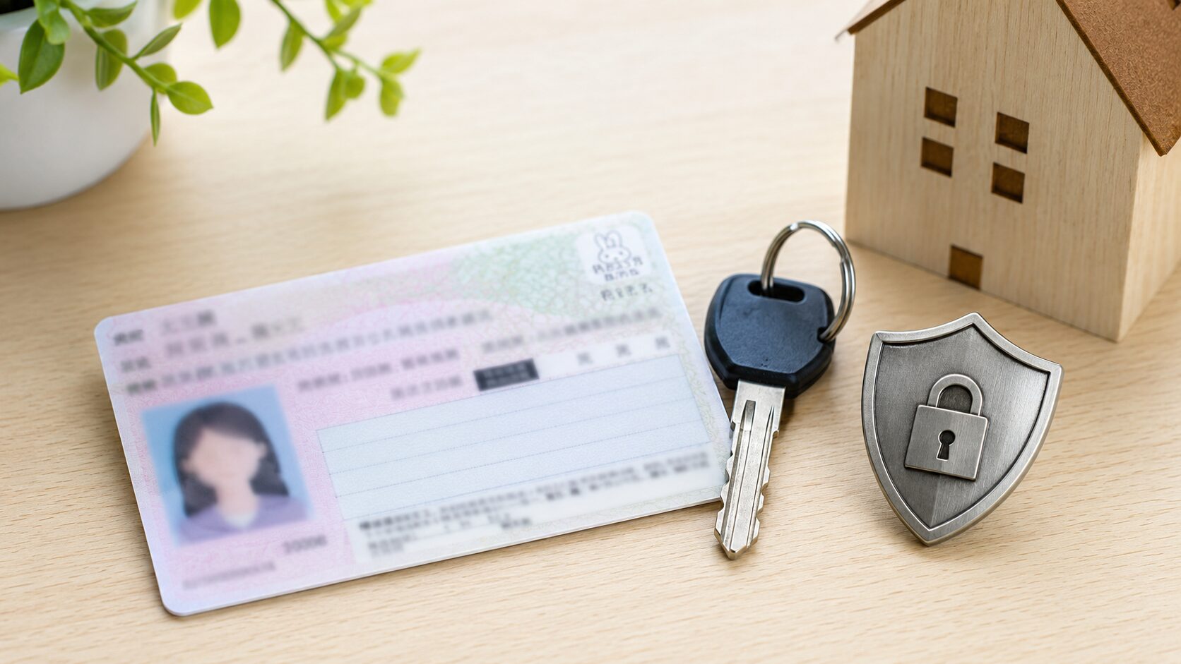 マイナンバーカードと鍵や盾を置いた個人情報保護をイメージする写真